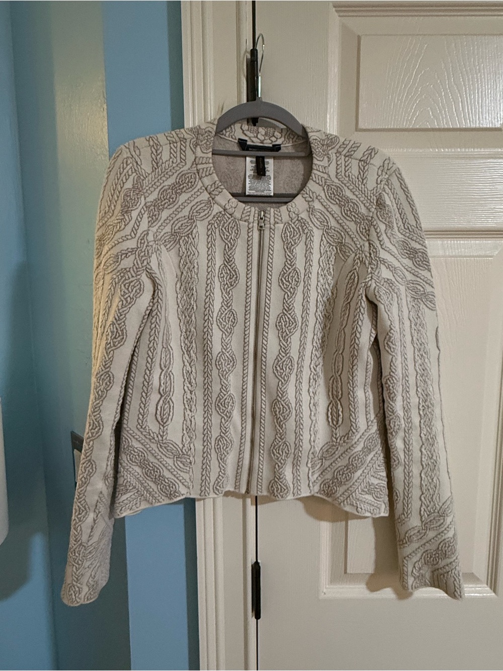 BCBGMaxAzria Cream Cable-Pattern Zip Front Blazer